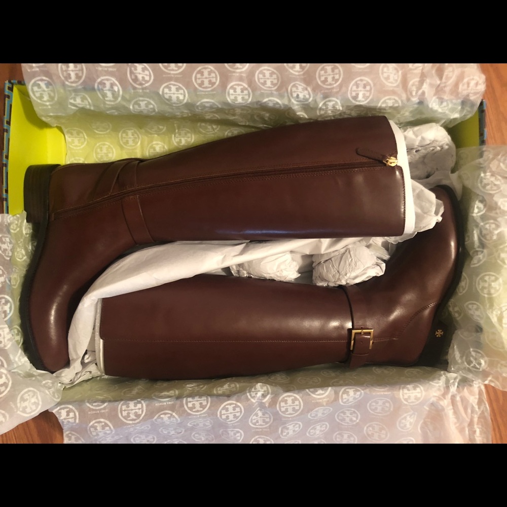 Tory Burch “Brooke” Round Toe Leather Riding Boots